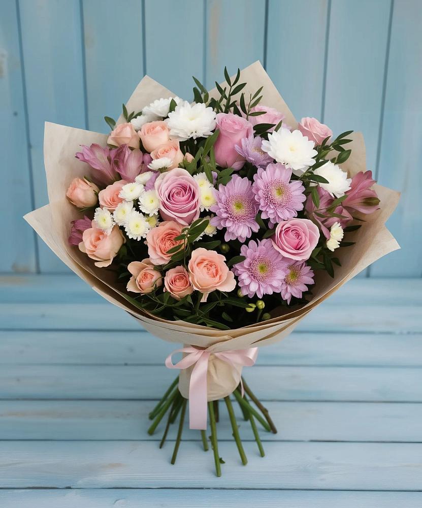 Букет цветов из: Хризантемы, Розы и Альстромерии в Константиновской Ставропольского края