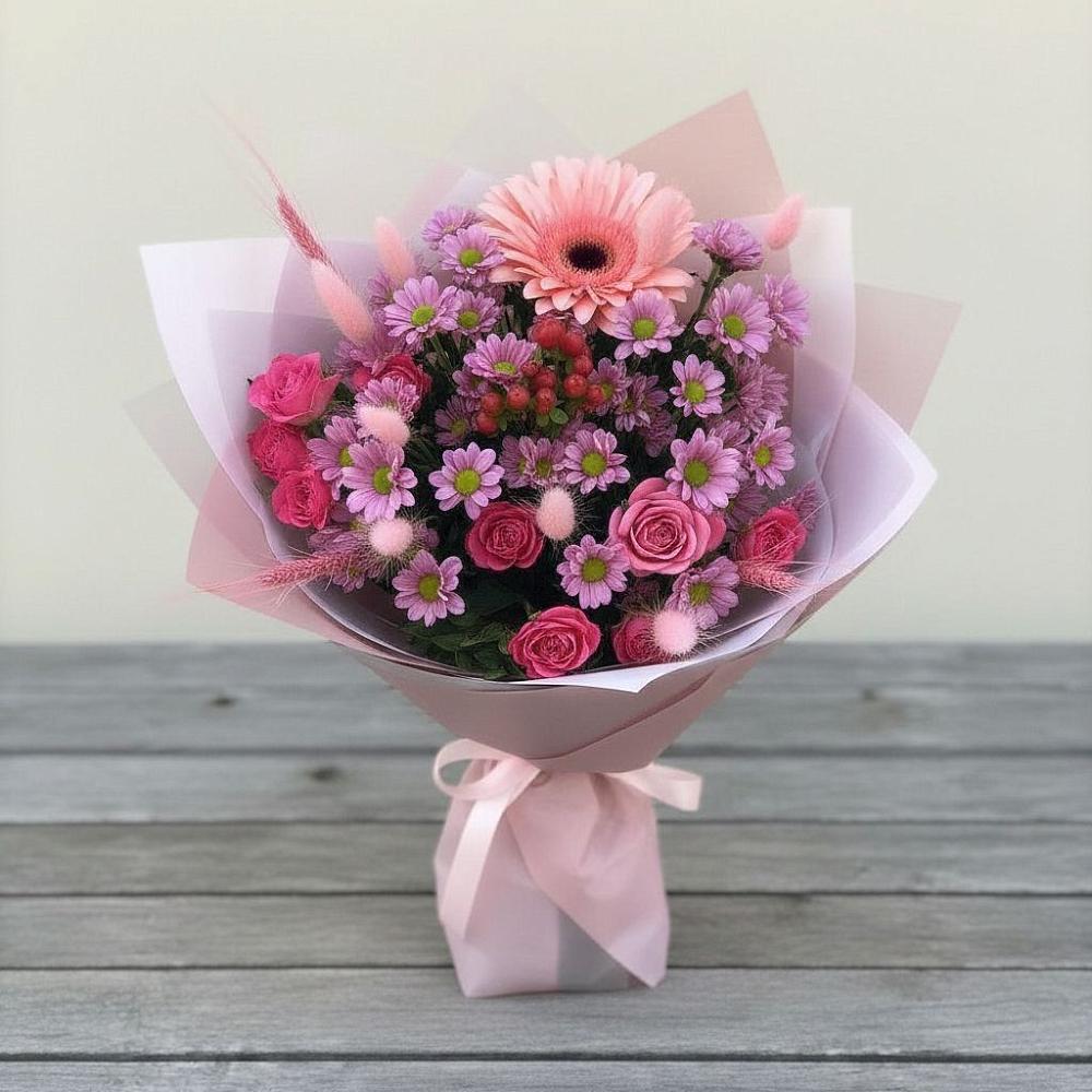 Букет цветов из: Розы, Герберы и Хризантемы в Константиновской Ставропольского края