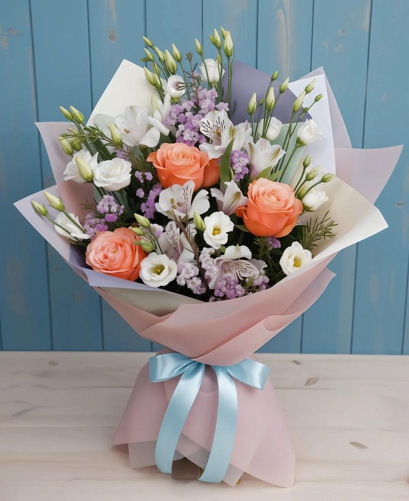 Букет цветов из: Лизиантусы, Розы, Альстромерии и Гипсофила в Константиновской Ставропольского края