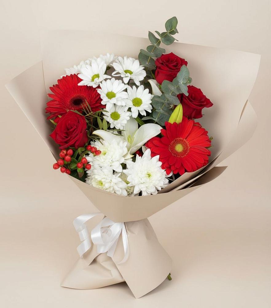 Букет цветов из: Розы, Хризантемы, Герберы и Лилии в Константиновской Ставропольского края