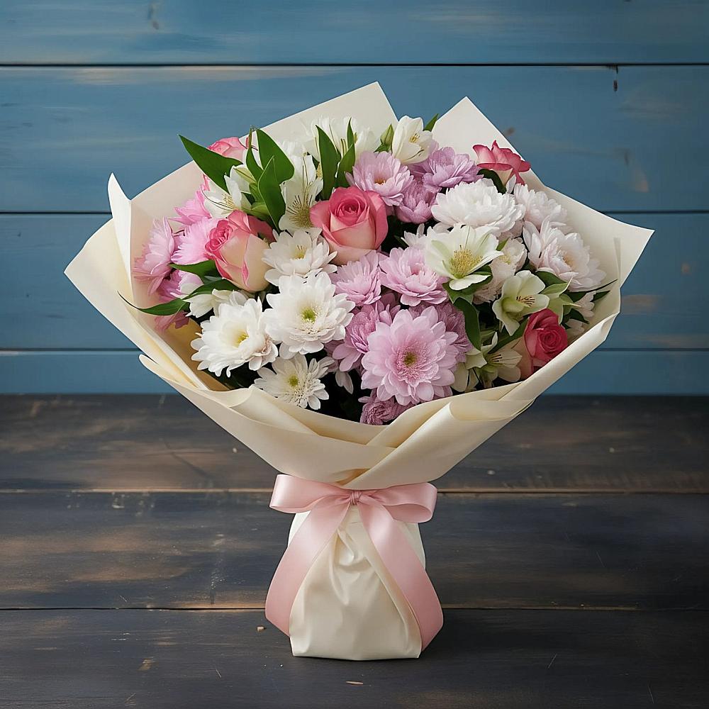 Букет цветов из: Хризантемы, Альстромерии и Розы в Константиновской Ставропольского края